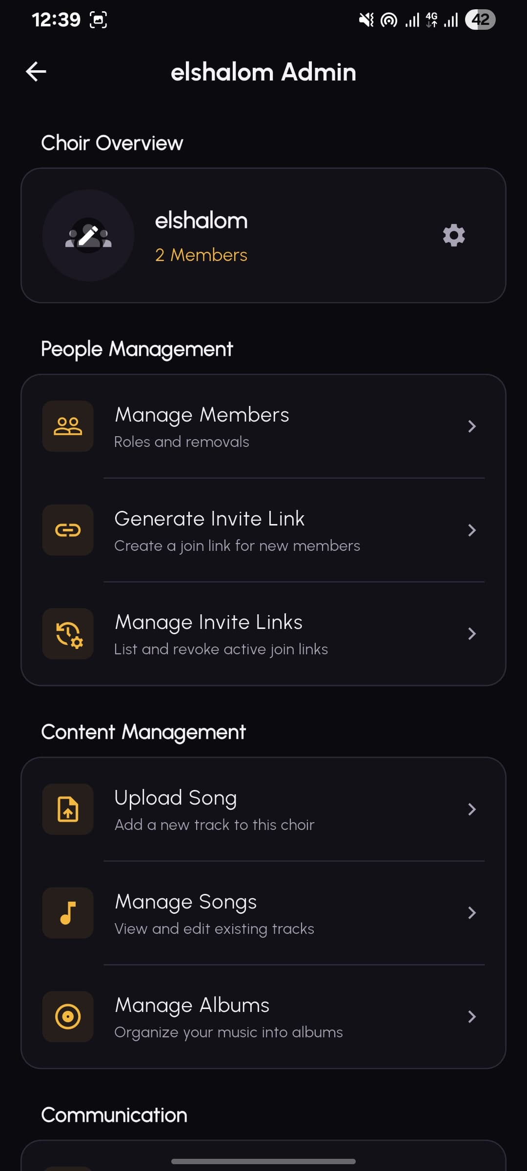 The choir admin dashboard with member, invite and content management