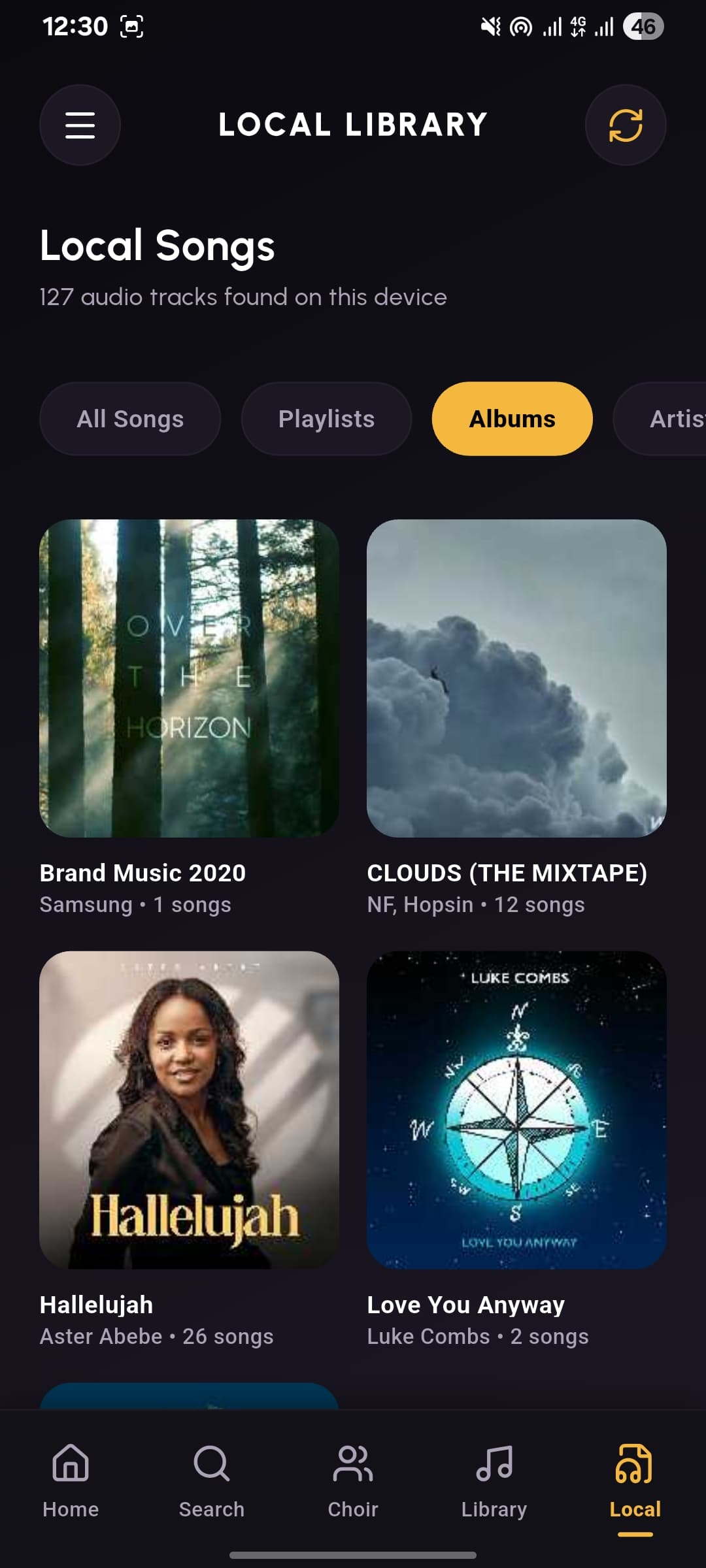 The local library listing albums found on the device