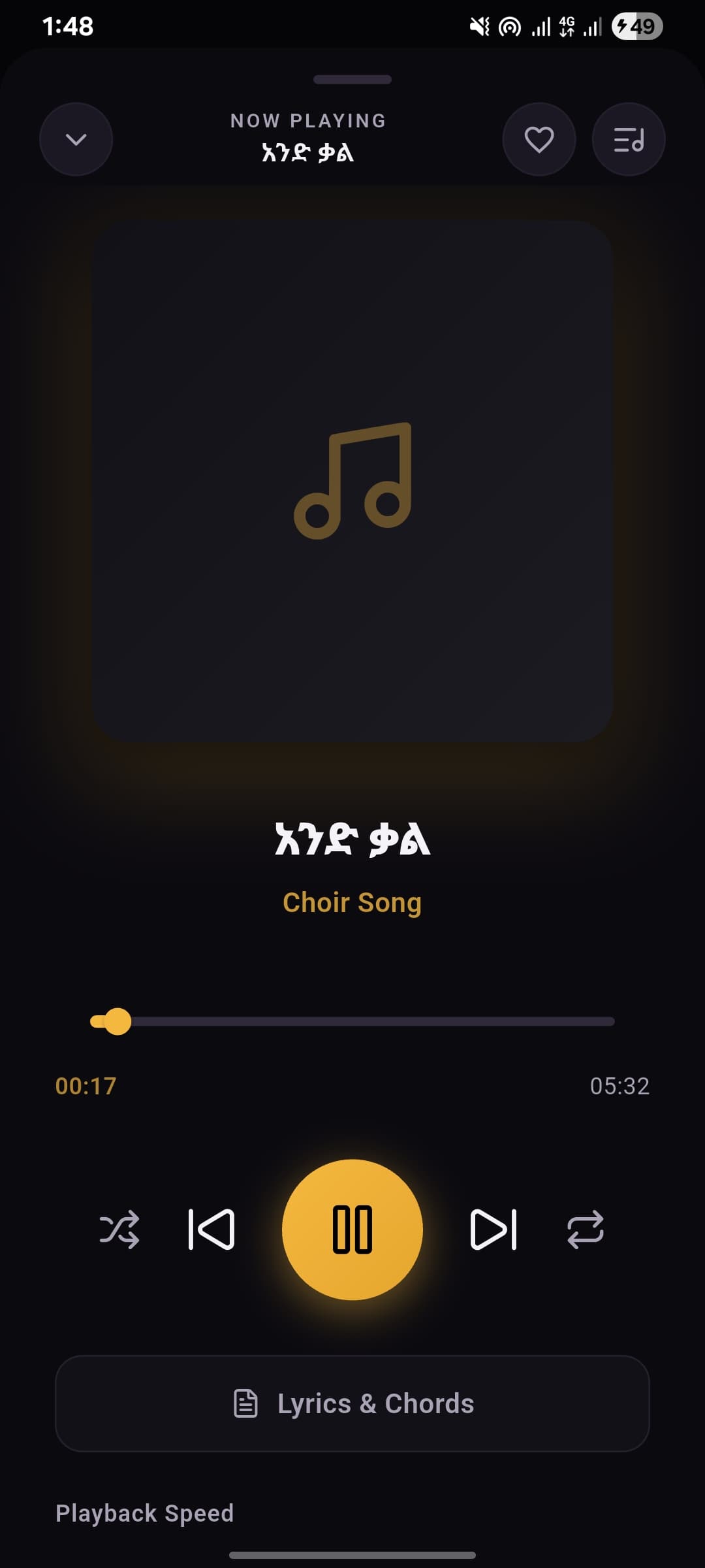 The full-screen player with transport controls and playback speed