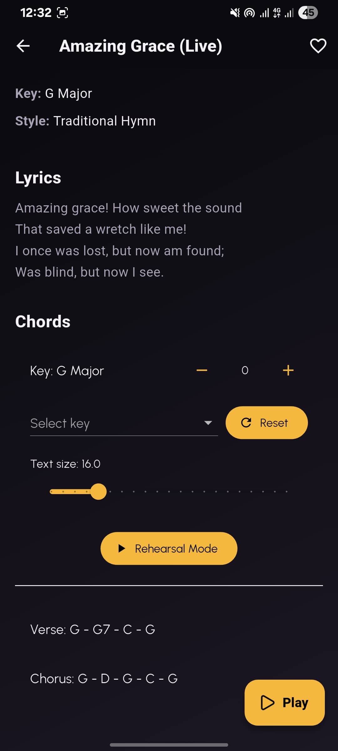 A song's lyrics and chords with a key transposer and text-size control