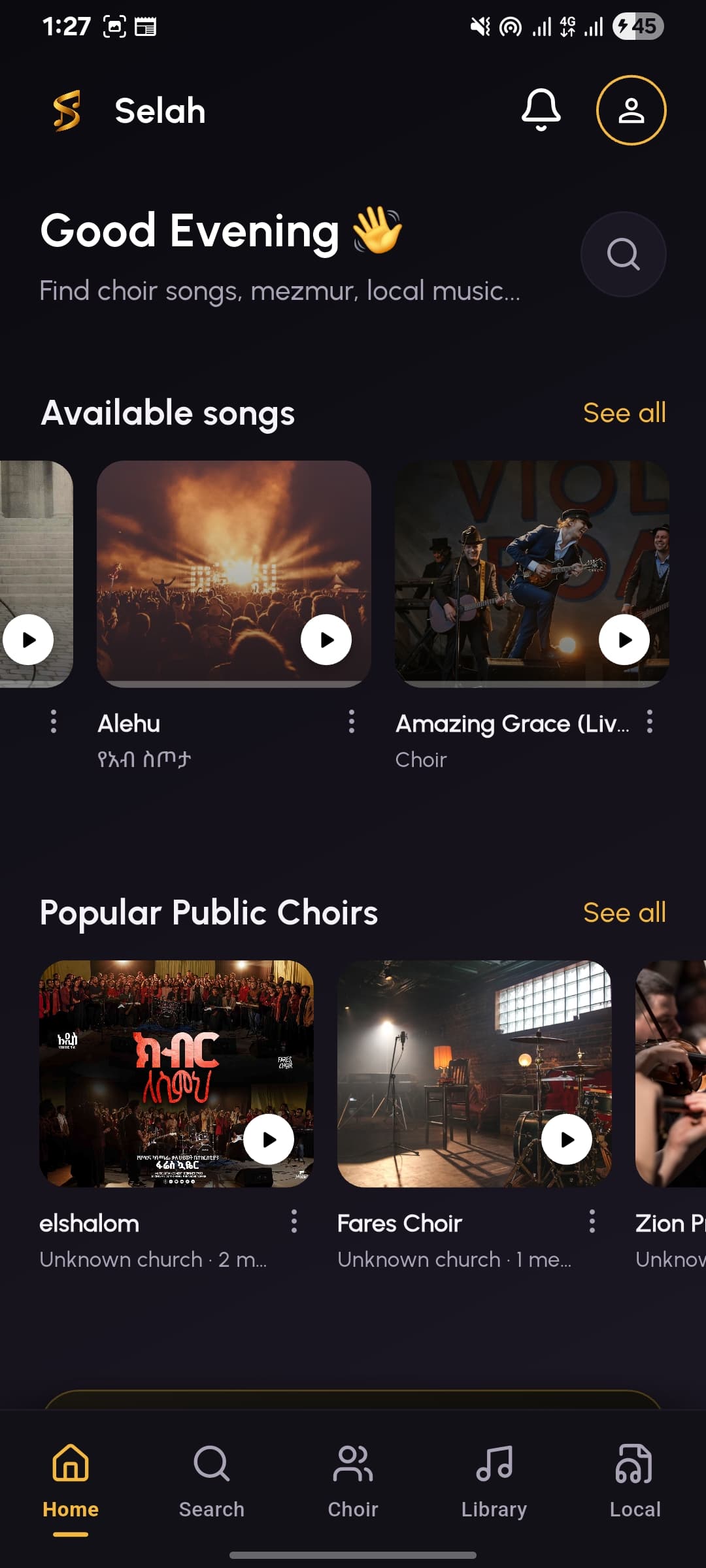 Selah home screen showing available songs and popular public choirs